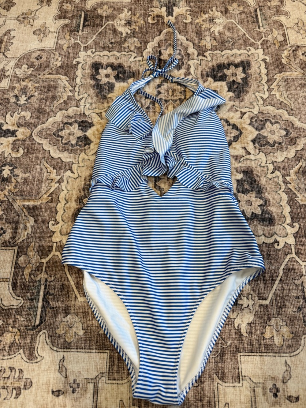 Aerie blue/white striped Full Coverage halter one piece swimsuit Women's—medium
